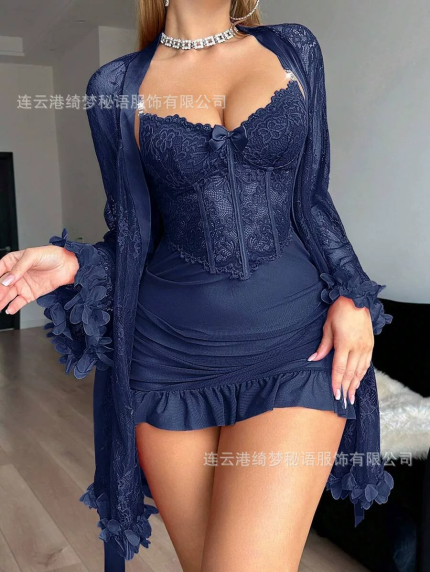 Cross-border plus-size autumn and winter underwire sexy lingerie lace mesh nightgown see-through ruffled long-sleeved outer robe home set