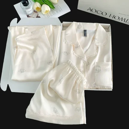 Women's summer ice silk short-sleeved three-piece pajamas set, high-end, cute, super hot summer loungewear that can be worn outside